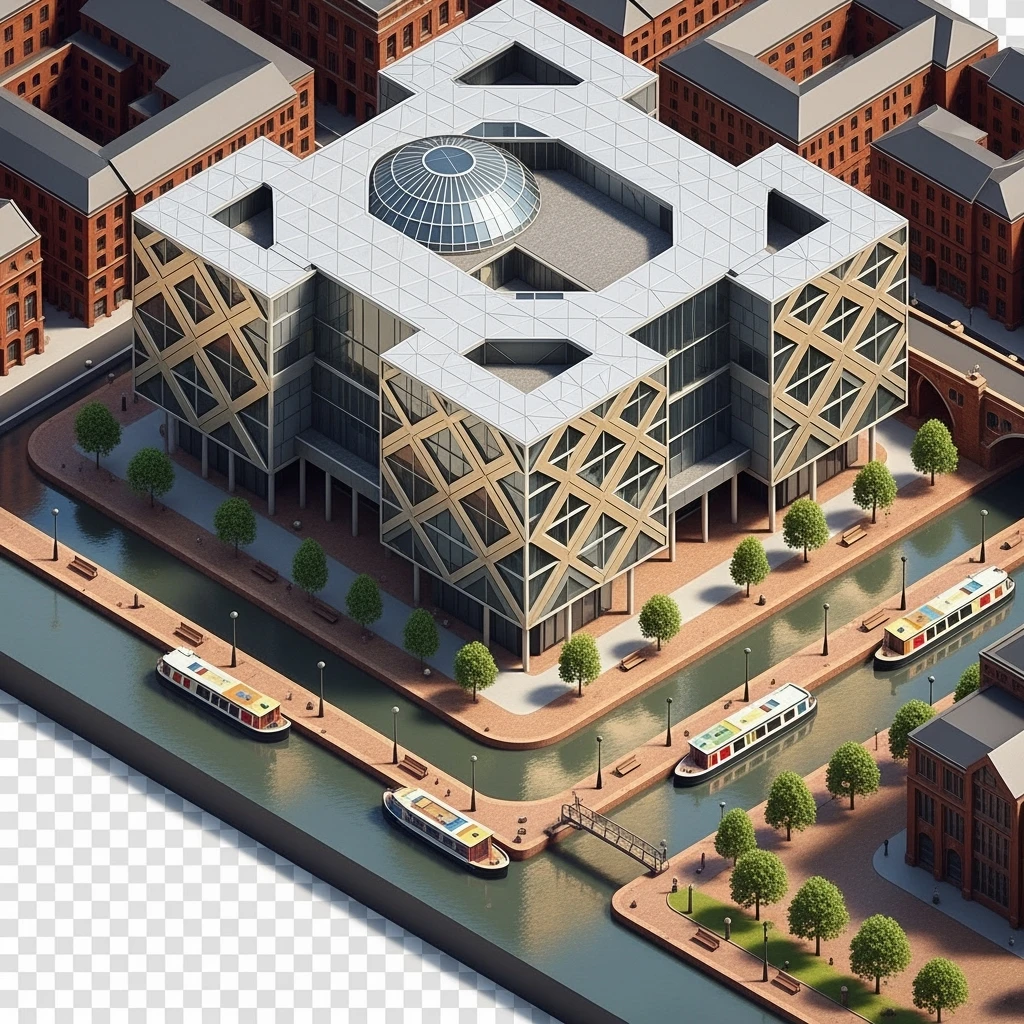 Isometric illustration-model of Birmingham, photorealistic the Library of Birmingham with its modern architecture and nearby canals, highly detailed in semi-realistic style, balanced between stylized and realistic, 3D miniature effect, transparent background. emoji