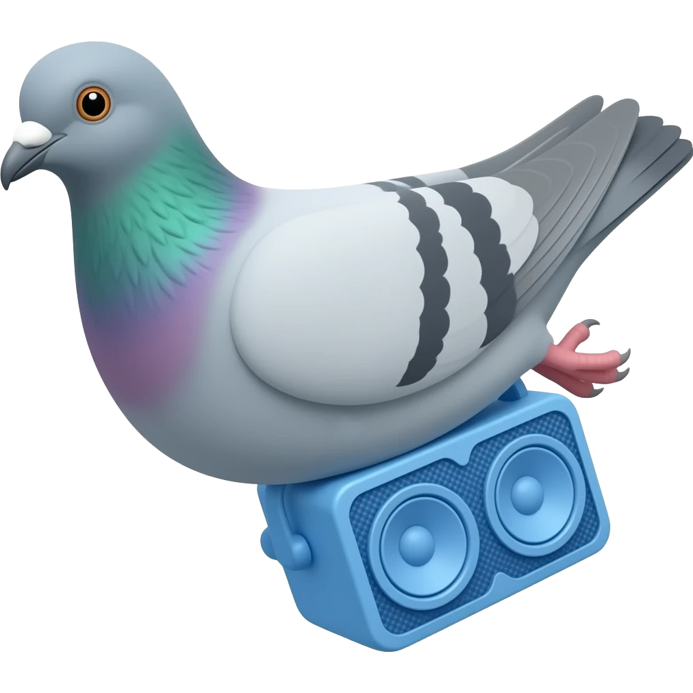 A messenger pigeon carrying a blue tooth speaker emoji