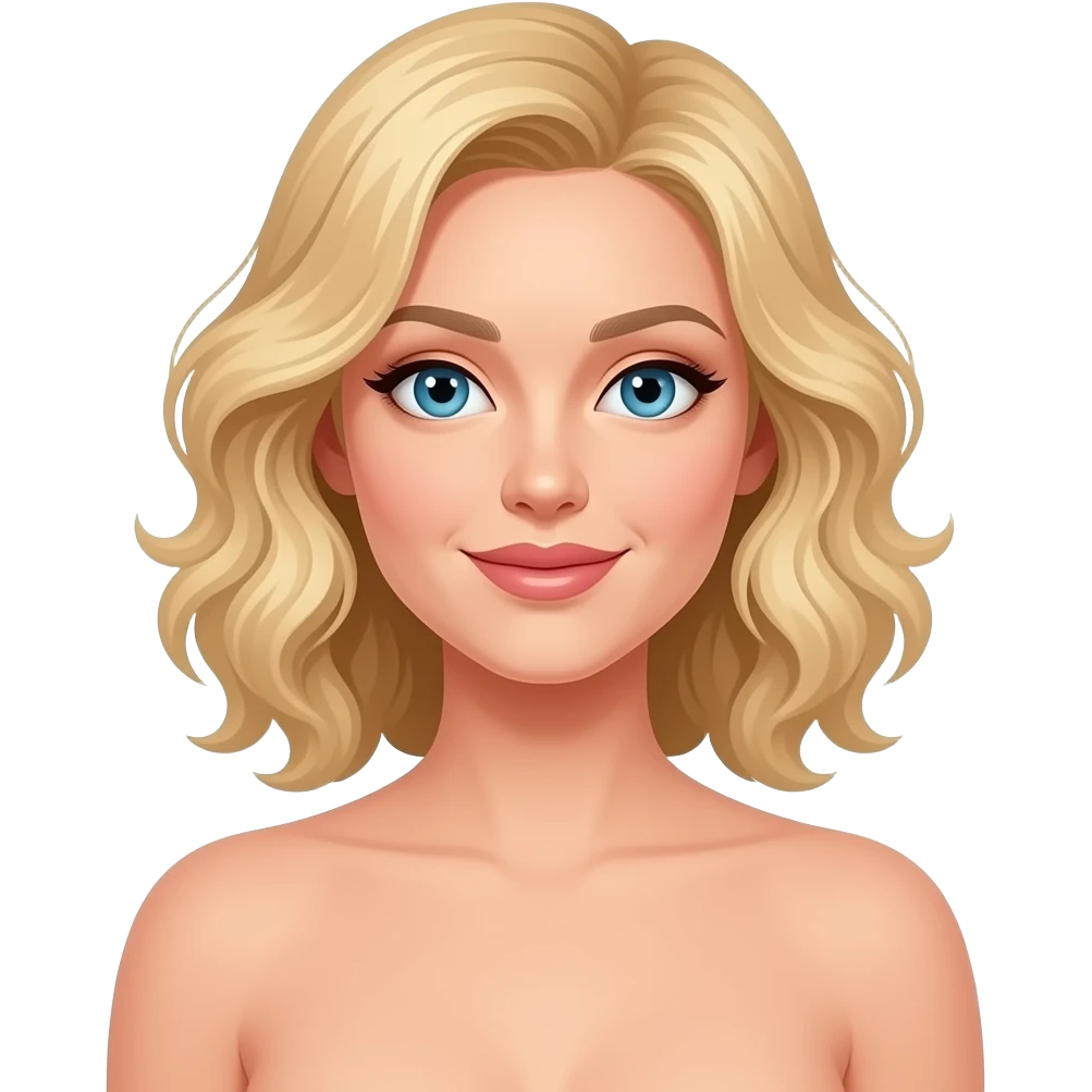 Woman with blonde loosely curled hair, naked, hour glass shaped body emoji