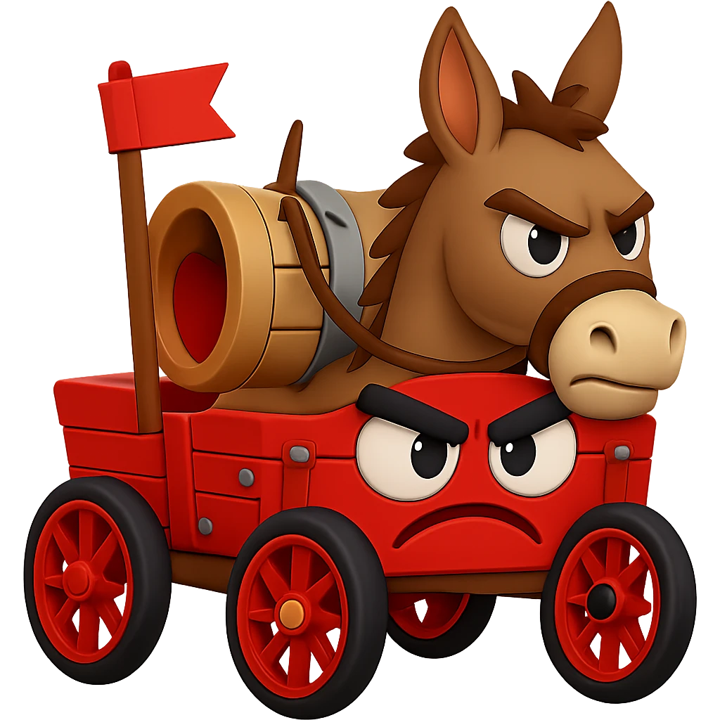 Regenerate the emoji combining the angry cartoon donkey and the angry goofy wagon, with the donkey riding in or pulling the wagon. Keep the silly and playful 'jackwagon' vibe. Transparent background. emoji