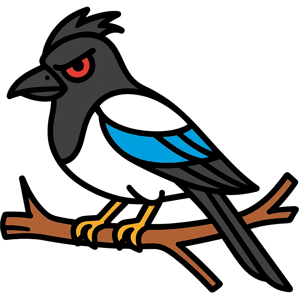 Make the magpie perched on a branch look evil with sinister eyes and a mischievous expression, no background. emoji