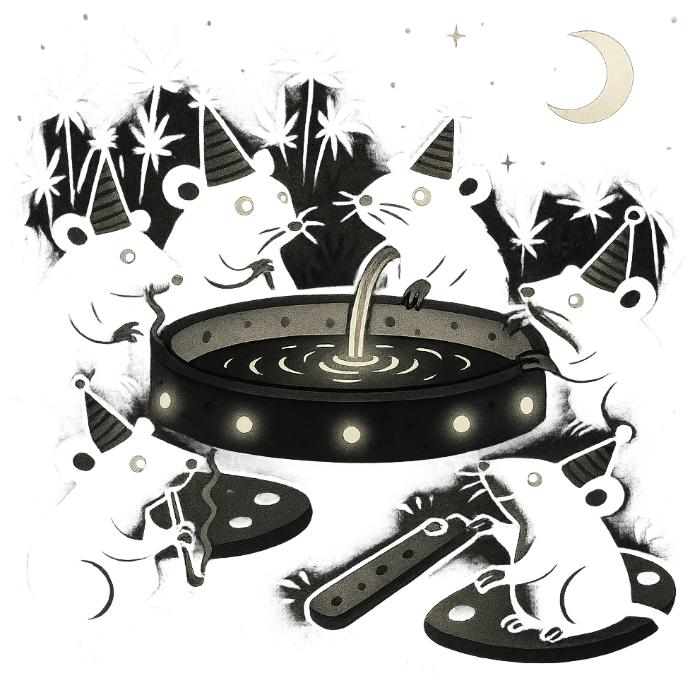 Make the scene night time with a dark sky, glowing pool lights, and moonlight. Keep the black doodle style and cult weed cheese pool party theme. Preserve transparency if present. Render in black doodle style. emoji