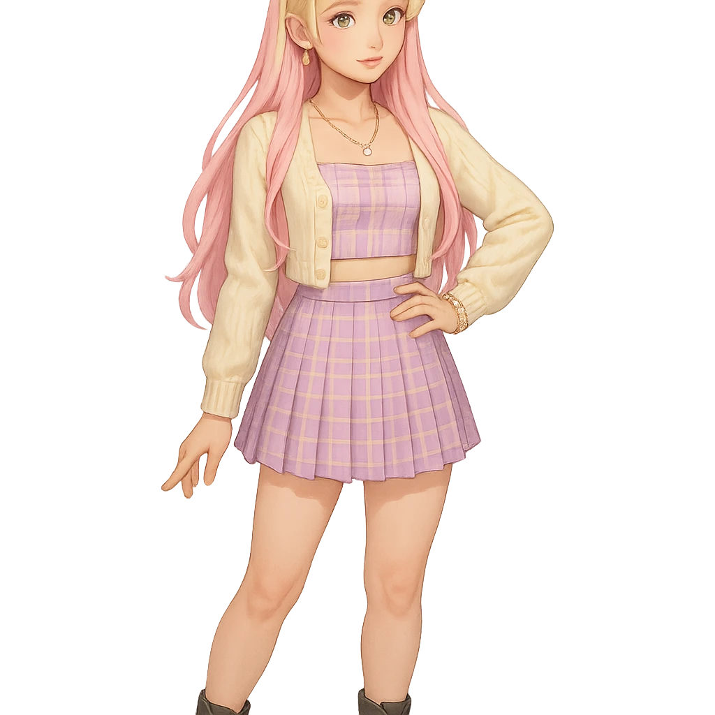 Fluttershy reimagined as a human K-pop idol, wearing a trendy outfit, transparent background emoji