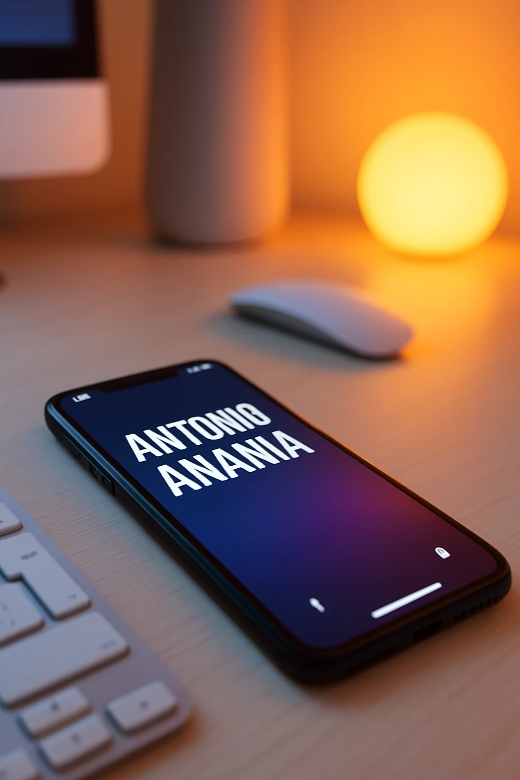 A photo of an iPhone on the desk with the message "Antonio Anania" on its screen, The phone sits atop a desk with a blurred background that suggests work environment. A faint glow from above casts gentle shadows across the surface of each object, creating depth and highlighting their textures emoji