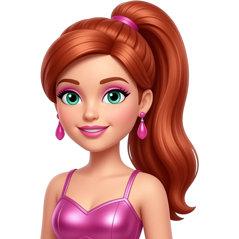 Midge from Barbie and Friends with green eyes, long red high ponytail hair, pink eyeshadow, pink lipstick, pink metallic halter dress, pink earrings emoji