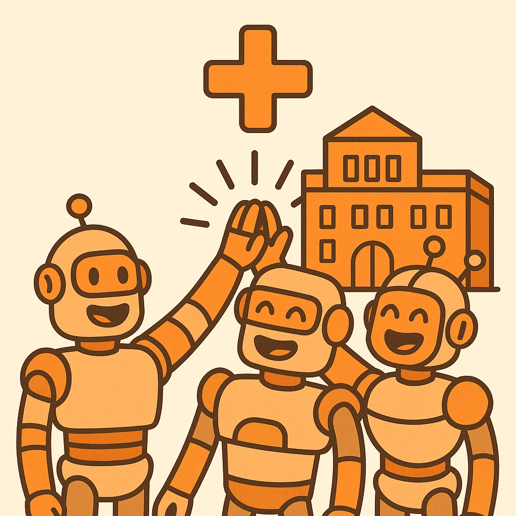 fun, flat icon showing a team of smiling robots high-fiving in front of a stylized orange headquarters, with a big orange plus sign above, playful, orange-themed, suitable for a B2B SaaS LLM evaluation Slack workspace emoji
