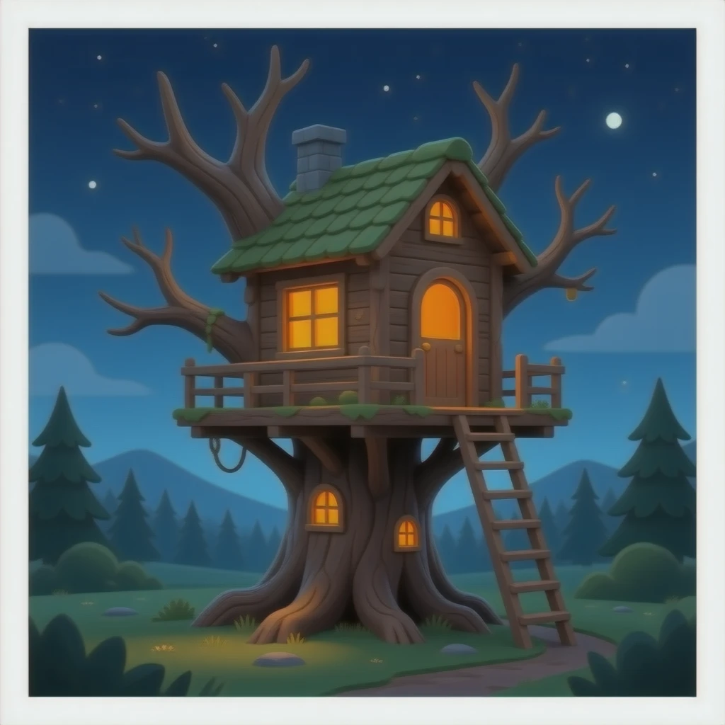 A treehouse built on a thick, decrepit tree. An orange glow illuminates the windows of the treehouse from the inside emoji