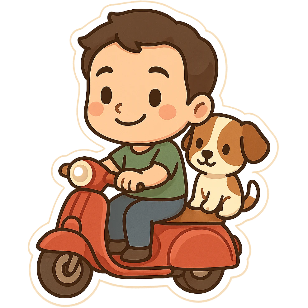 man and his pet dog riding a vespa emoji