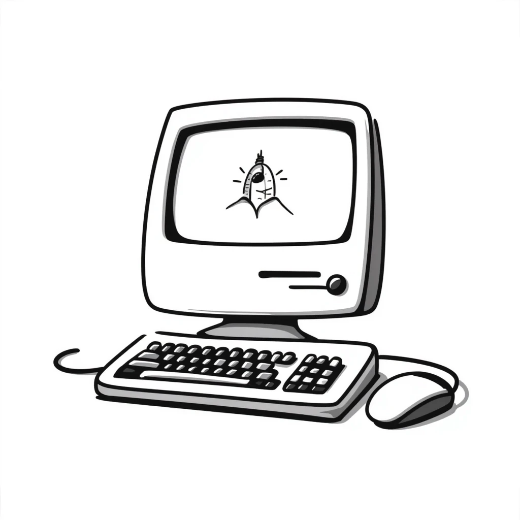 Pixel art style old Macintosh computer, simple monochrome linework emoji