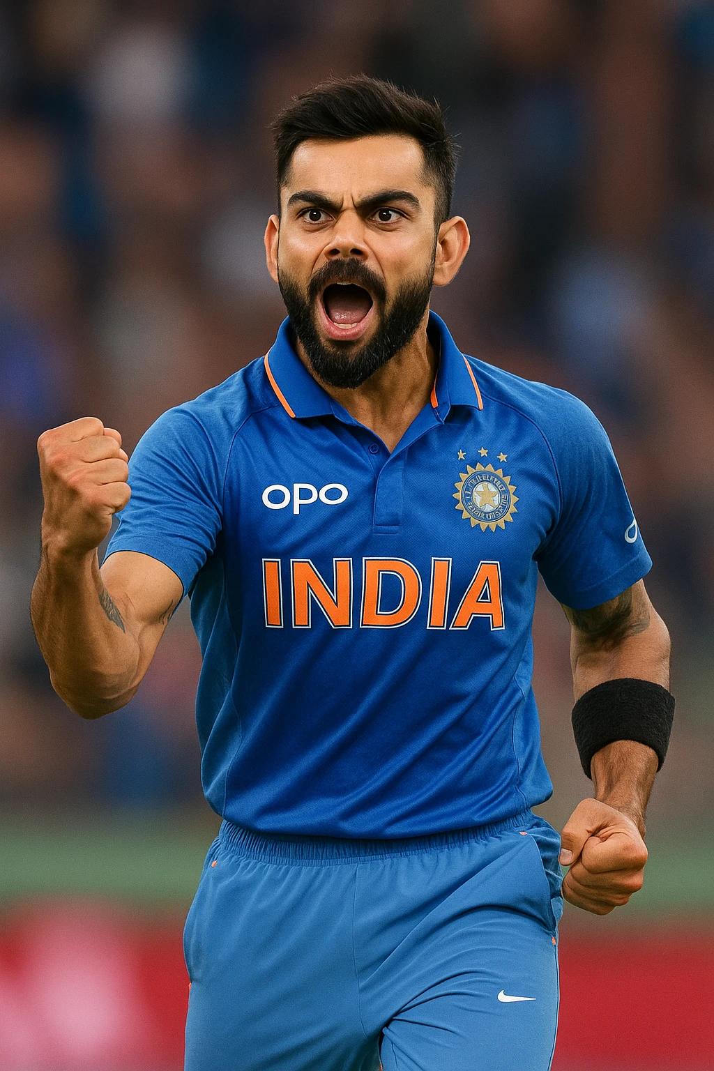 Virat Kohli, Indian cricketer, energetic pose, short beard, blue jersey, expressive eyes, iconic hairstyle, sports vibe emoji