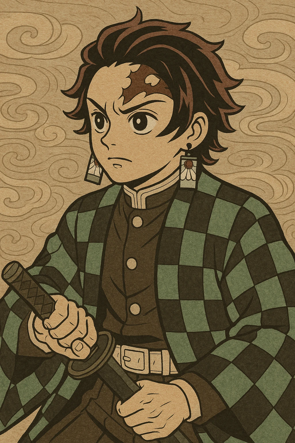 Tanjiro Kamado, anime style, green checkered haori, hanafuda earrings, short black hair with burgundy tips, determined expression emoji