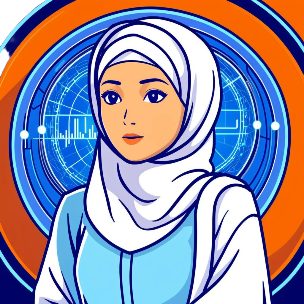 woman with white hijab in blue outfit, gazing forward, encircled by futuristic holographic screens displaying AI visualizations, quantum data patterns, circuit networks, high-tech metaverse elements emoji