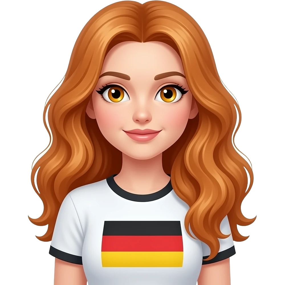 sexy girl with long curvy ginger hair and ginger eyes wearing a top with a german flag emoji