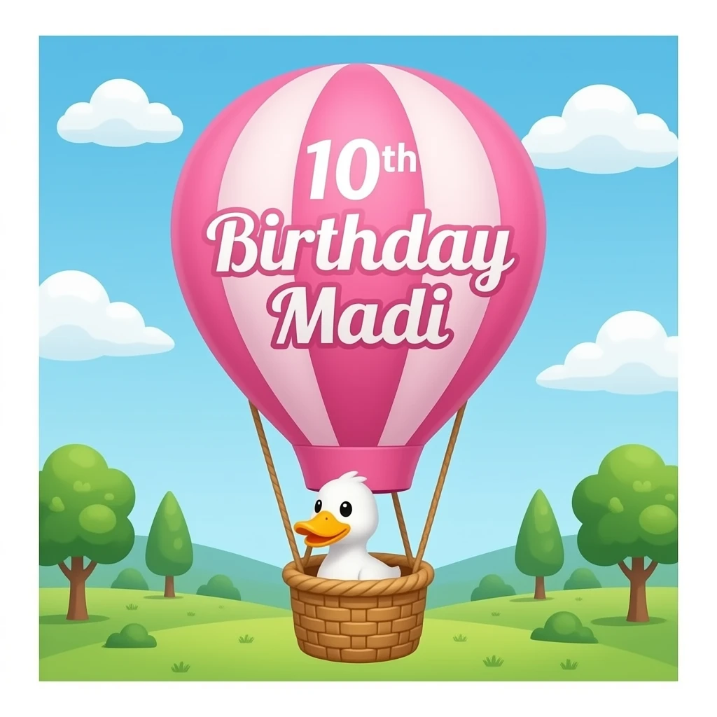 HAPPY 10TH BIRTHDAY MADI ON  PINK HOT AIR BALLOON DUCK IN BASKET emoji