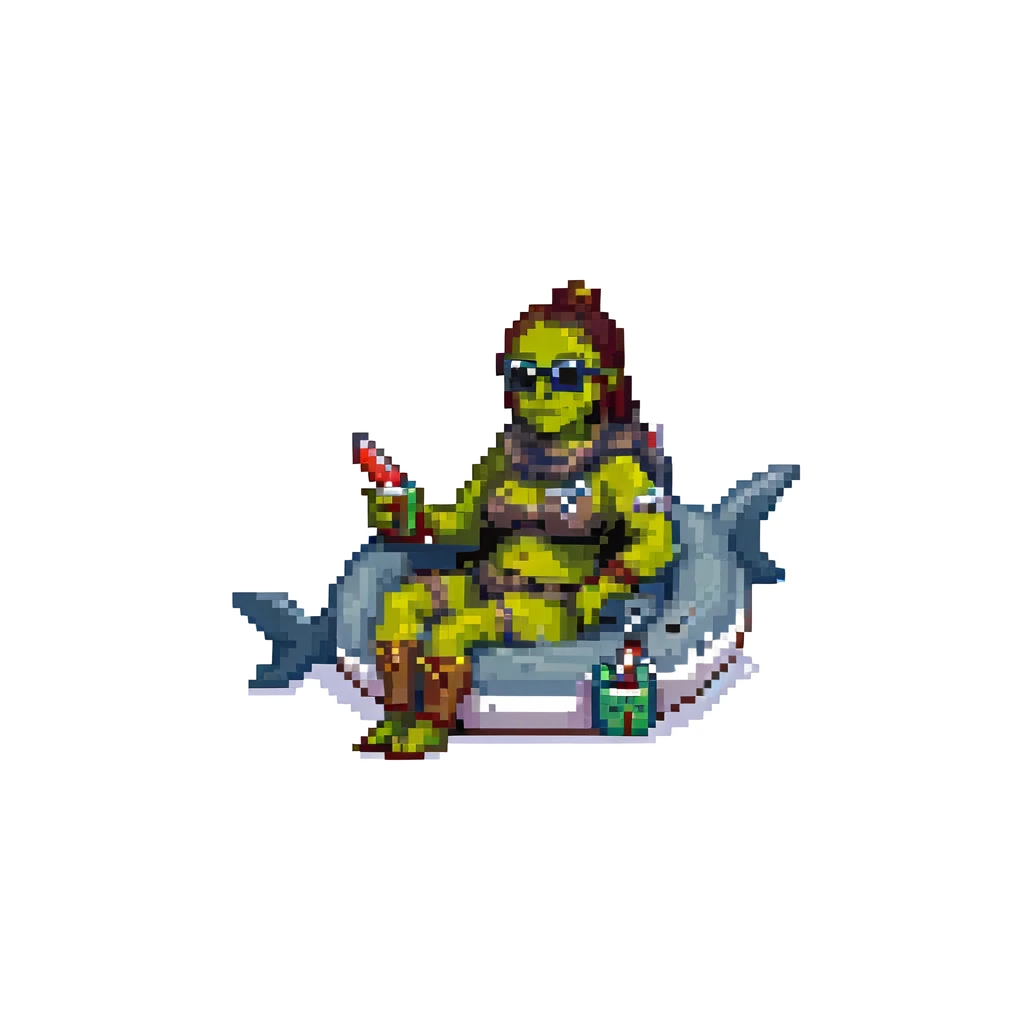 orc female lounging in a shark floatie, oversized sunglasses, whistle on neck cord, pixel art style emoji