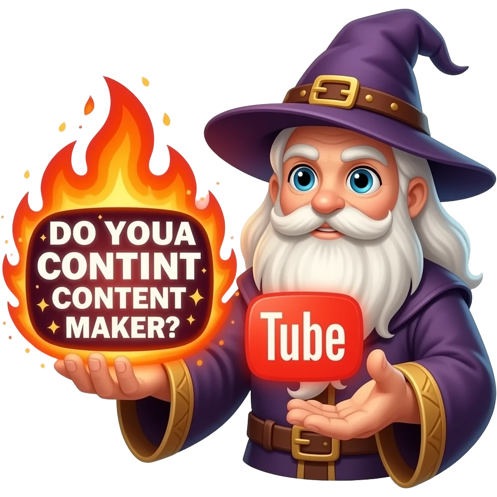 A wizard’s hand holding a glowing, looking at viewer, magical YouTube logo like a fire spell. glowing white text on the bellow: "DO YOU WANT CONTENT MAKER?" High fantasy, mystical particles, clean, sticker style emoji