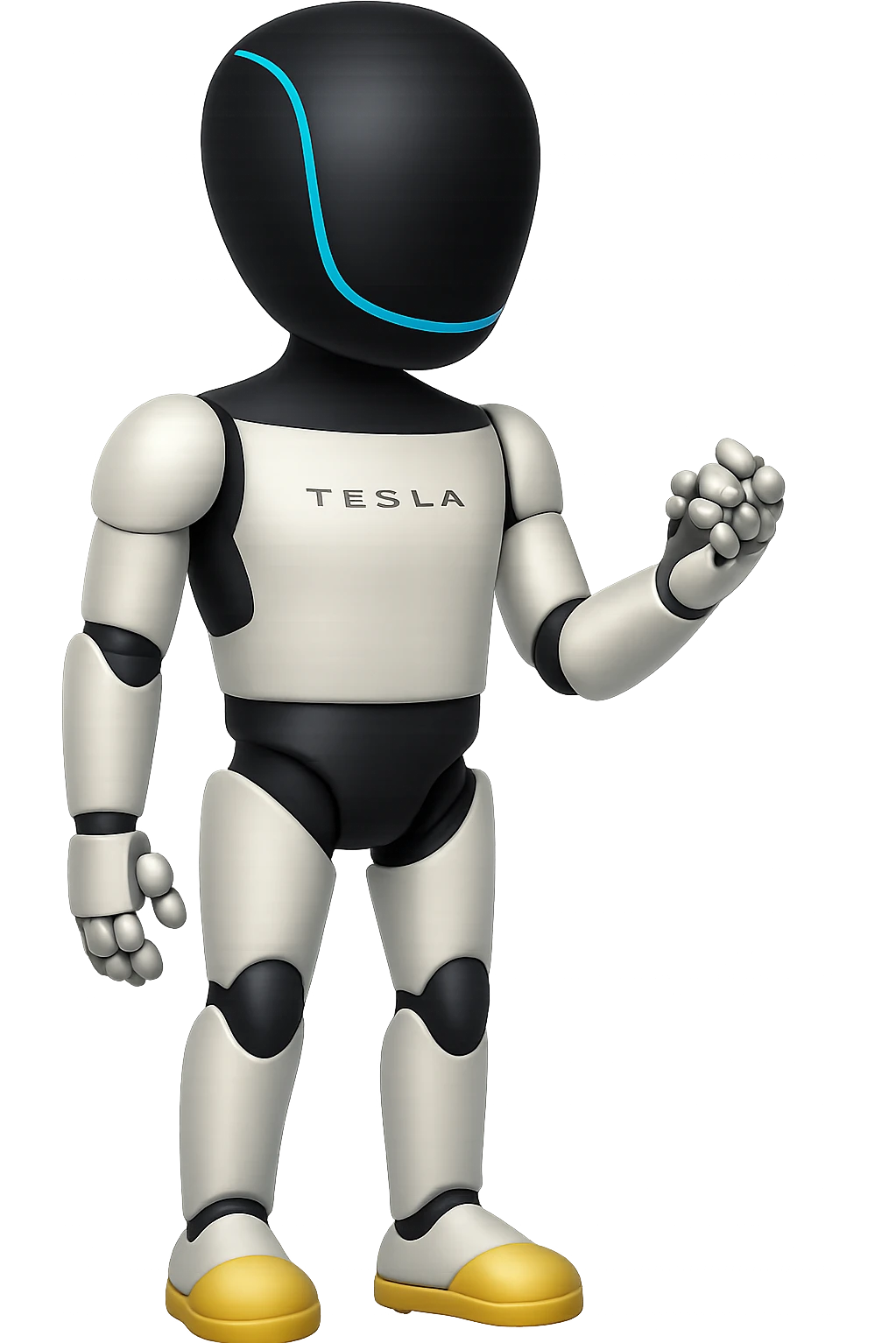 Create a fullbody Tesla robot emoji with the exact head from the reference image in the style of Apple emojis. The robot should be in a neutral pose. The style should replicate the apple emoji style with smooth, colorful, and detailed features. emoji