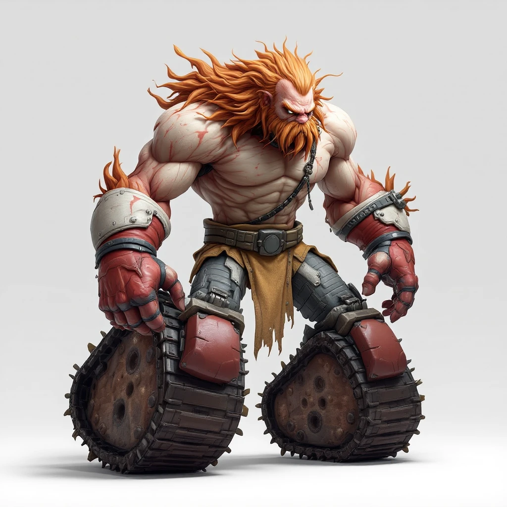 Render this character with meaty tank treads instead of legs, keep all other features and pose, in flux pro style. emoji