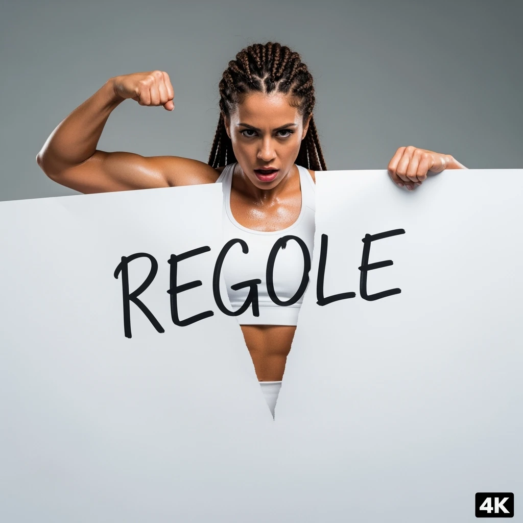 DONNA FITNESS CHE STRAPPA UN FOGLIO CON LA SCRITTA "REGOLE", IPERREALISTICA 4K, SENZA SFONDO emoji