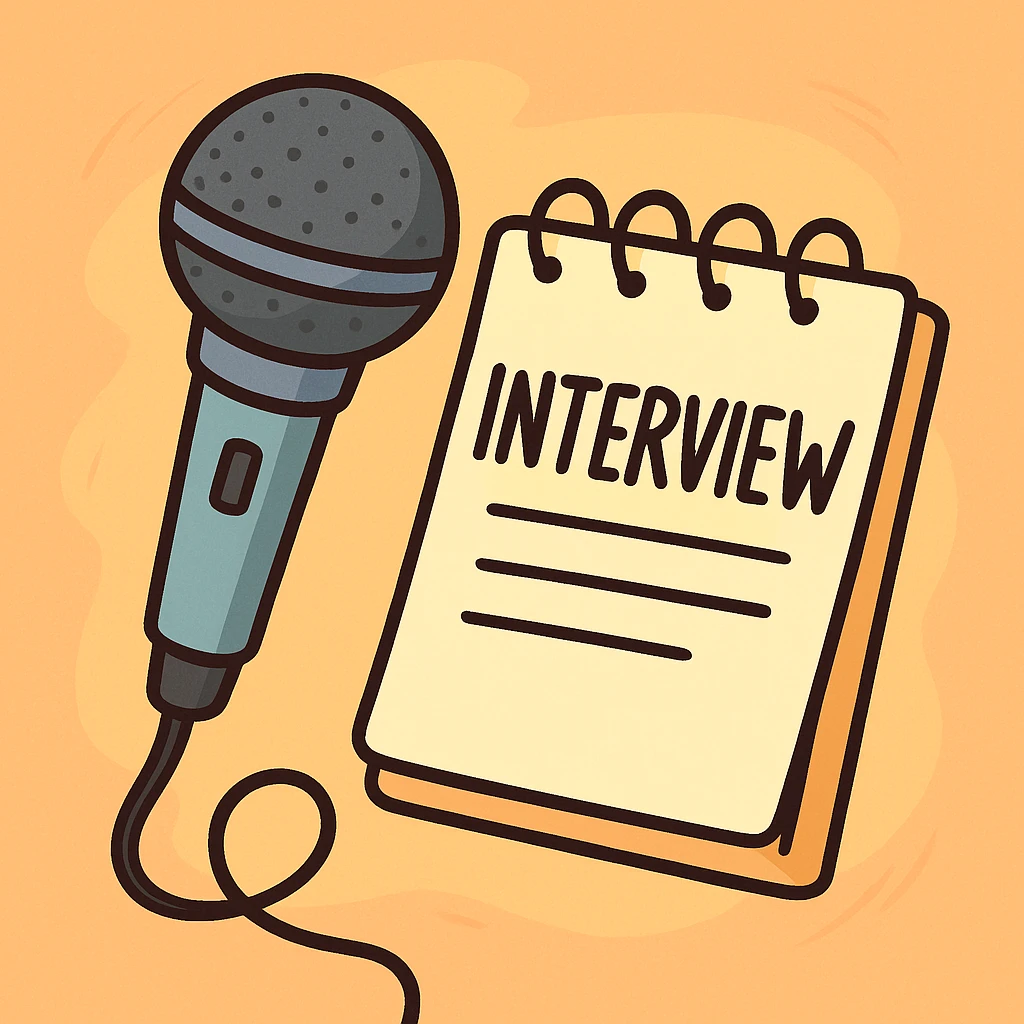 cartoon style illustration of a microphone and notepad symbolizing an interview, bright colors, playful look emoji