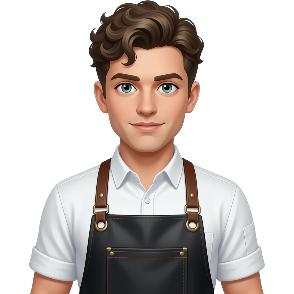 an androgynous (not male) chef with an apron and dark blonde curls on top and with a tight fade on the sides - androgynous  short sleeve white button up with rolled sleeves, and a leather apron. blue/green eyes emoji