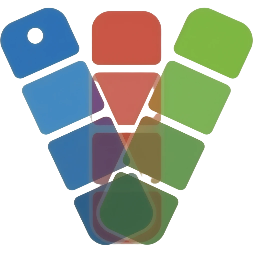 Minimal flat vector logo, 3 Pantone-style swatches forming a “V”. Rounded corners, subtle gradients, no outlines or shadows. Left swatch with small pivot hole. Colors: blue, red, green. Clean, modern, tech style. No text. emoji