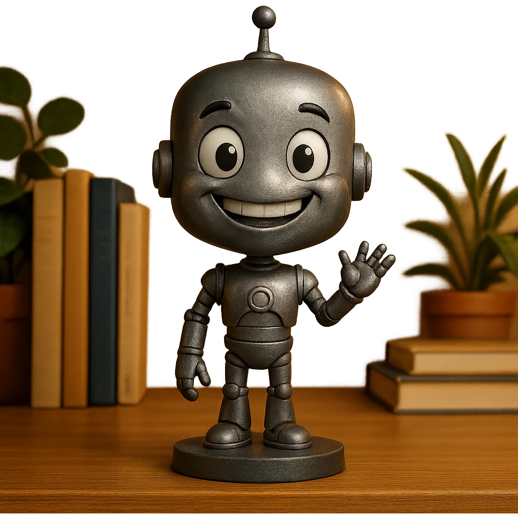 smiling robot, metallic body, oversized head emoji