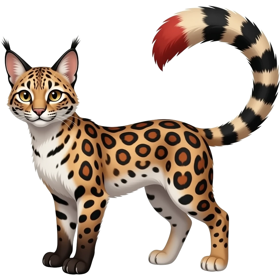 realistic elegant lanky feathery reddish, bronze, beige, white, brown, black, caracal-civet-snow-leopard-bobcat-genet-animal-Fakémon-hybrid, long thin tufted tail emoji