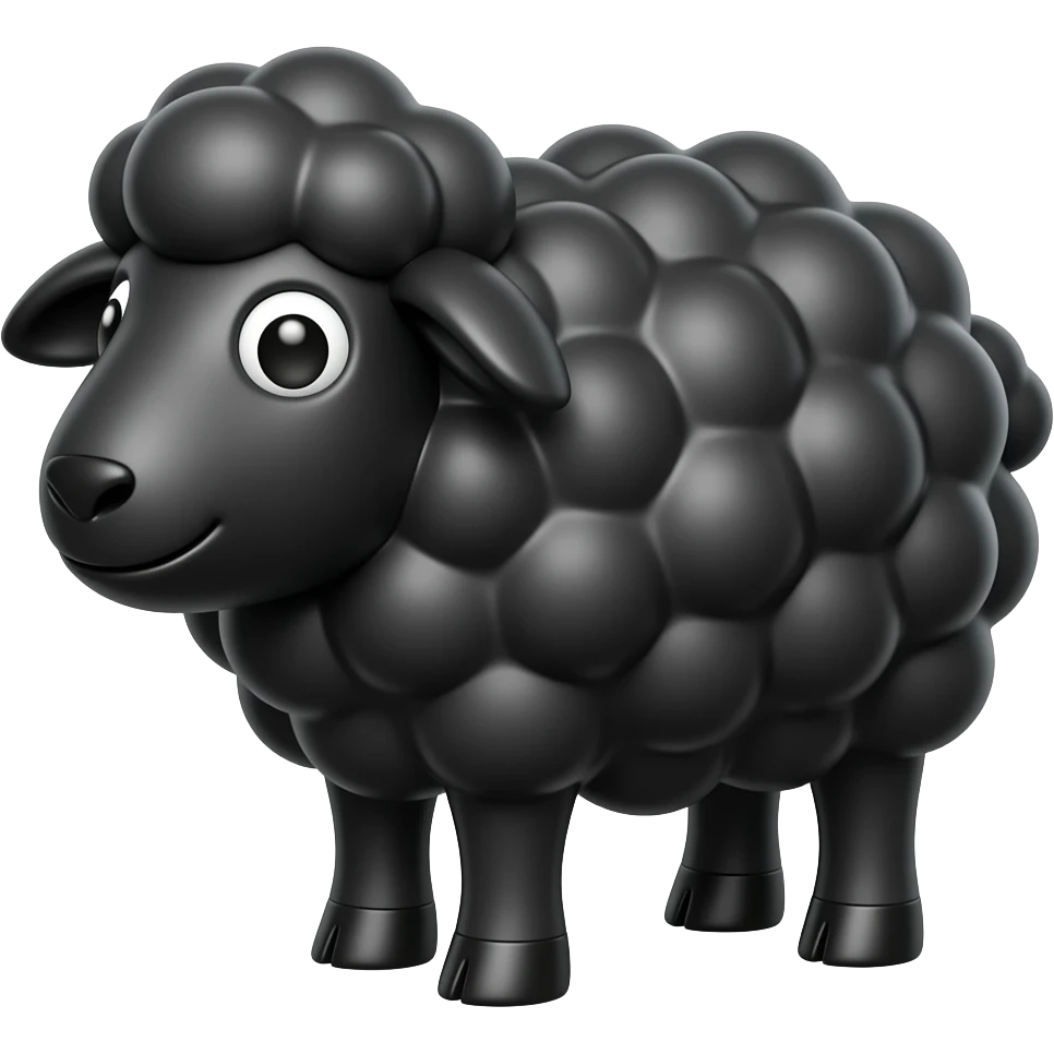 Black Sheep Bar & Grill: 3D emoji style, glossy surface, soft shadows, white background, centered, no text, black sheep character, fluffy wool, confident expression emoji