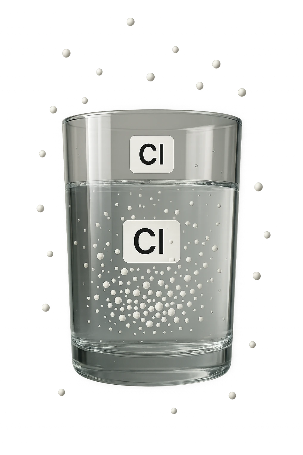un bicchiere di acqua fluttua in aria realistico e dettagliato, dentro l'acqua del bicchiere ci sono particelle di cloro ben visibili con la scritta "Cl" sopra, ci sono particelle anche che escono dal bicchiere e fluttuano in aria verticalmente, mentre alcune sono all'interno dell'acqua nel bicchiere, iperrealistico 4k emoji