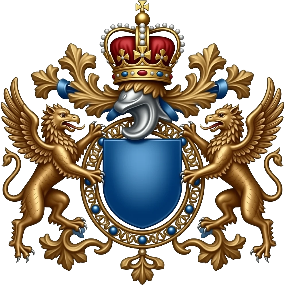 decorated bronze coat of arms with a blue shield and bronze tendrils and ornaments, symmetrical with a royal ornate crown on top and two griffins hovering and supporting the shield, on a black background emoji