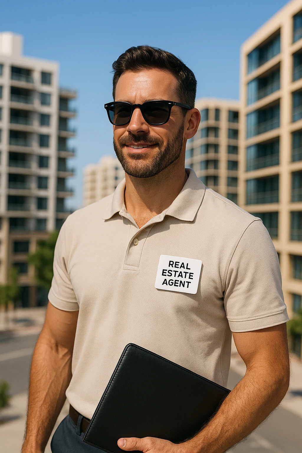 male real estate agent with sunglasses, summer style, light polo shirt, professional yet relaxed attitude, bright urban background emoji