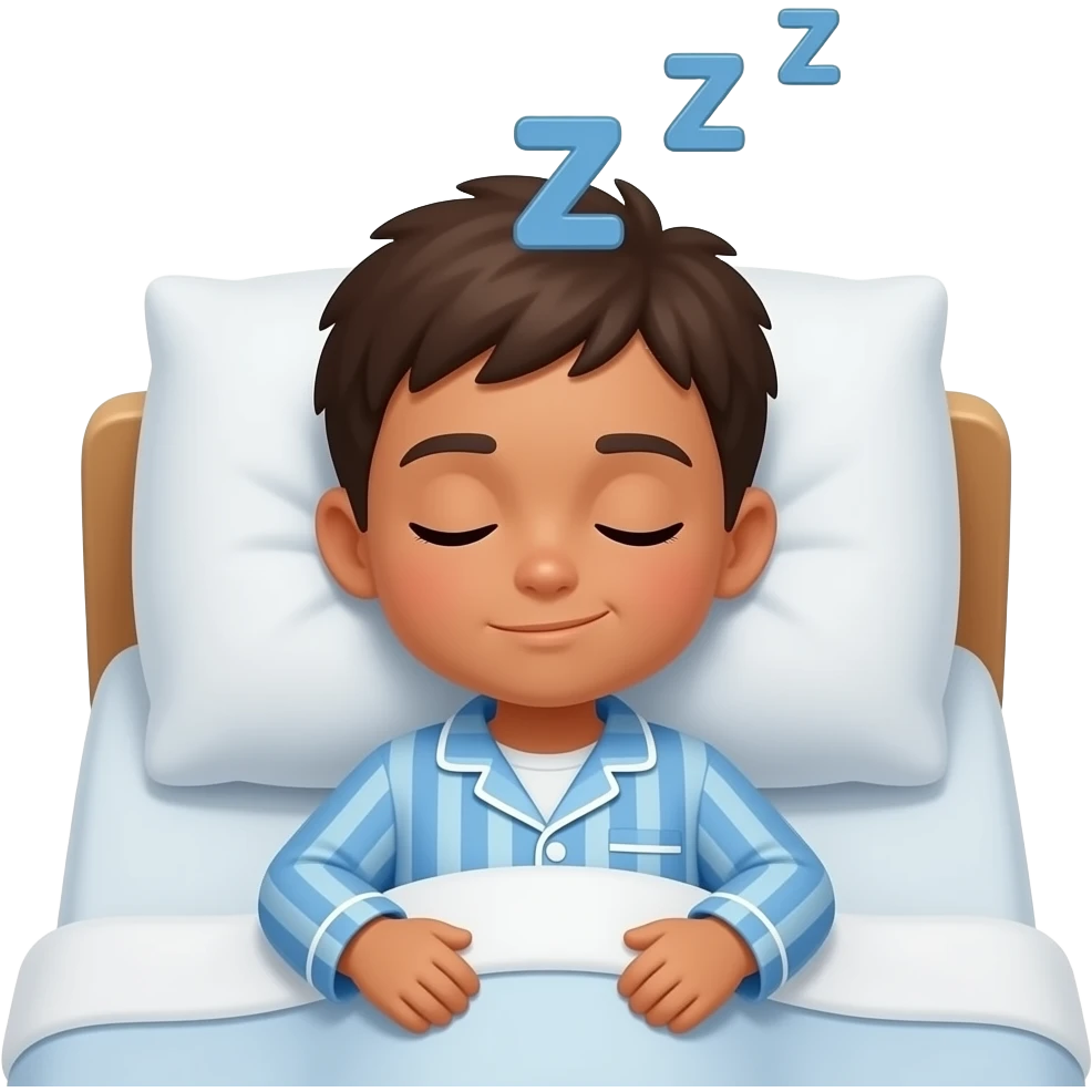 a tanned boy sleeping in pyjamas in bed with zzz over her head emoji