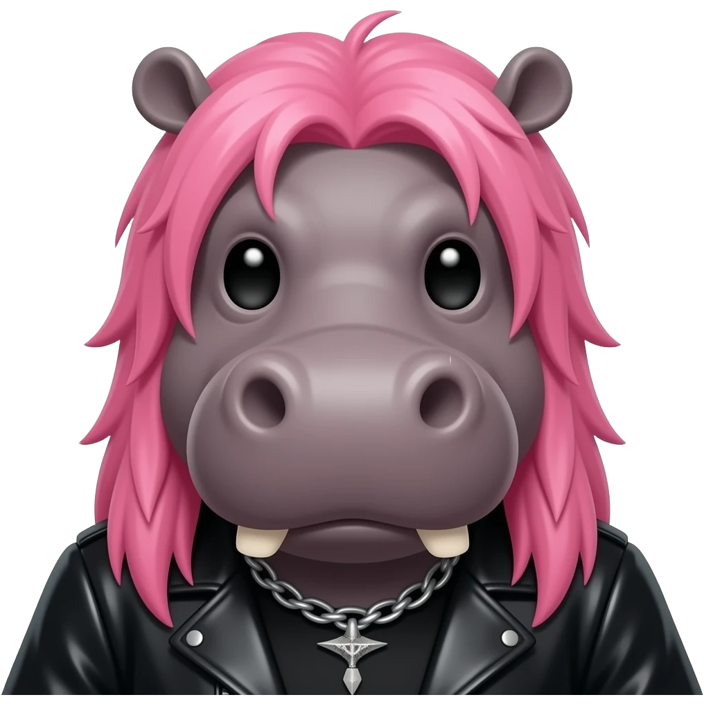 Pink long Haired heavy metal hippo front facing with full black outfit closeup emoji