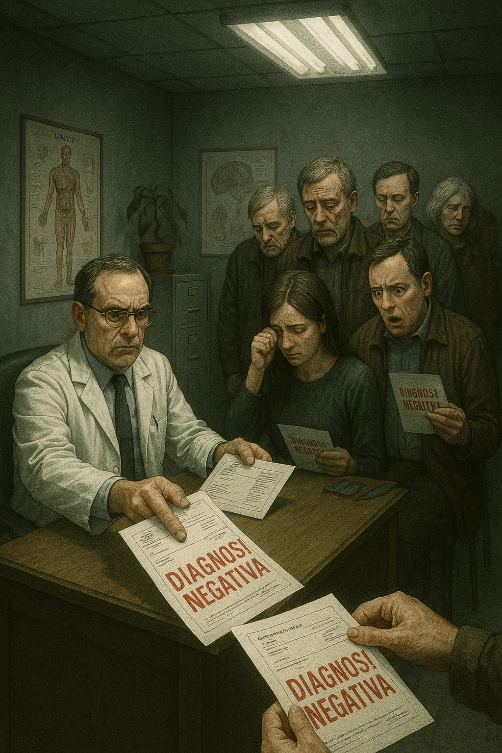 A realistic, cinematic illustration set in a dull, grey-toned medical office. A middle-aged male doctor in a white coat with a stern, cold expression is seated at his desk, handing out medical reports with large red ‘Negative Diagnosis’ stamps to each patient in line. The patients, of various ages and appearances, stand in a line, each looking increasingly sad, defeated, and demoralized as they receive their papers, with slumped shoulders and empty gazes. One young woman wipes away a tear, while a man stares at the paper in shock. The background shows medical posters, a faded plant, and harsh fluorescent lighting, emphasizing the cold, mechanical environment. The mood is heavy, illustrating how negative diagnoses delivered without empatia can deeply affect the mental health and morale of patients. The style is realistic, with subtle filmic grain, emphasizing emotional impact and the weight of medical words on people’s lives.in italiano emoji