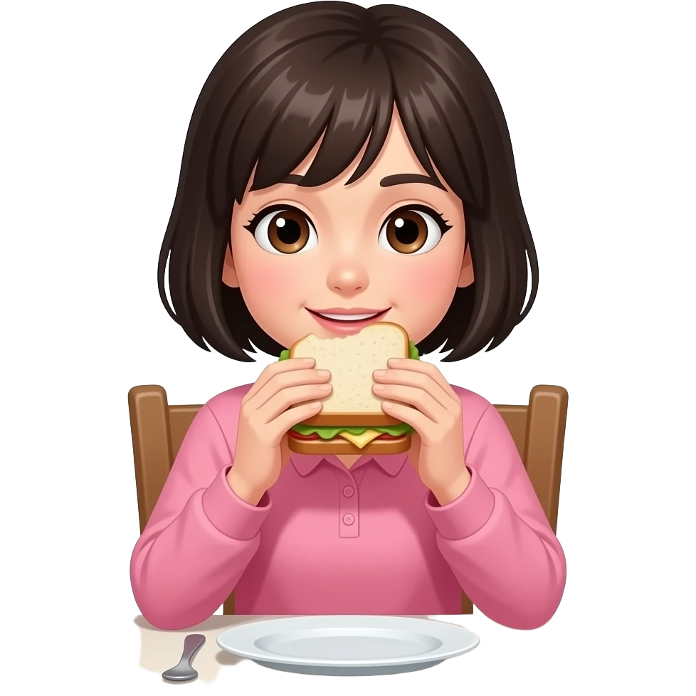 chica de cabello oscuro y corto, con ojos color cafe, con ropa comoda color rosa, comiendo un sándwich en el comedor emoji