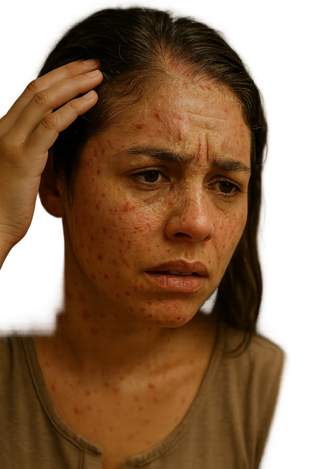 A highly realistic, cinematic close-up portrait of a young woman in her late 20s with medium skin tone, displaying visible folliculitis and seborrheic dermatitis. Small, red, inflamed follicular papules and pustules are scattered along her hairline, jawline, and upper neck, indicating folliculitis. Her scalp and areas around the nose and eyebrows show flaky, greasy yellowish scales, with redness and irritation, indicating seborrheic dermatitis. Her hair appears slightly greasy and clumps near the scalp, emphasizing excess sebum production. She gently touches her irritated scalp with concern while looking at herself in a softly lit bathroom mirror, expressing discomfort and frustration. The environment is neutral and clean, with daylight softly illuminating the scene to highlight the skin and scalp texture. The style is 35mm hyperrealistic, with warm neutral tones and shallow depth of field to maintain focus on her skin, inflammation, and emotional expression, visually explaining the physical discomfort and aesthetic concerns of living with folliculitis and seborrheic dermatitis emoji