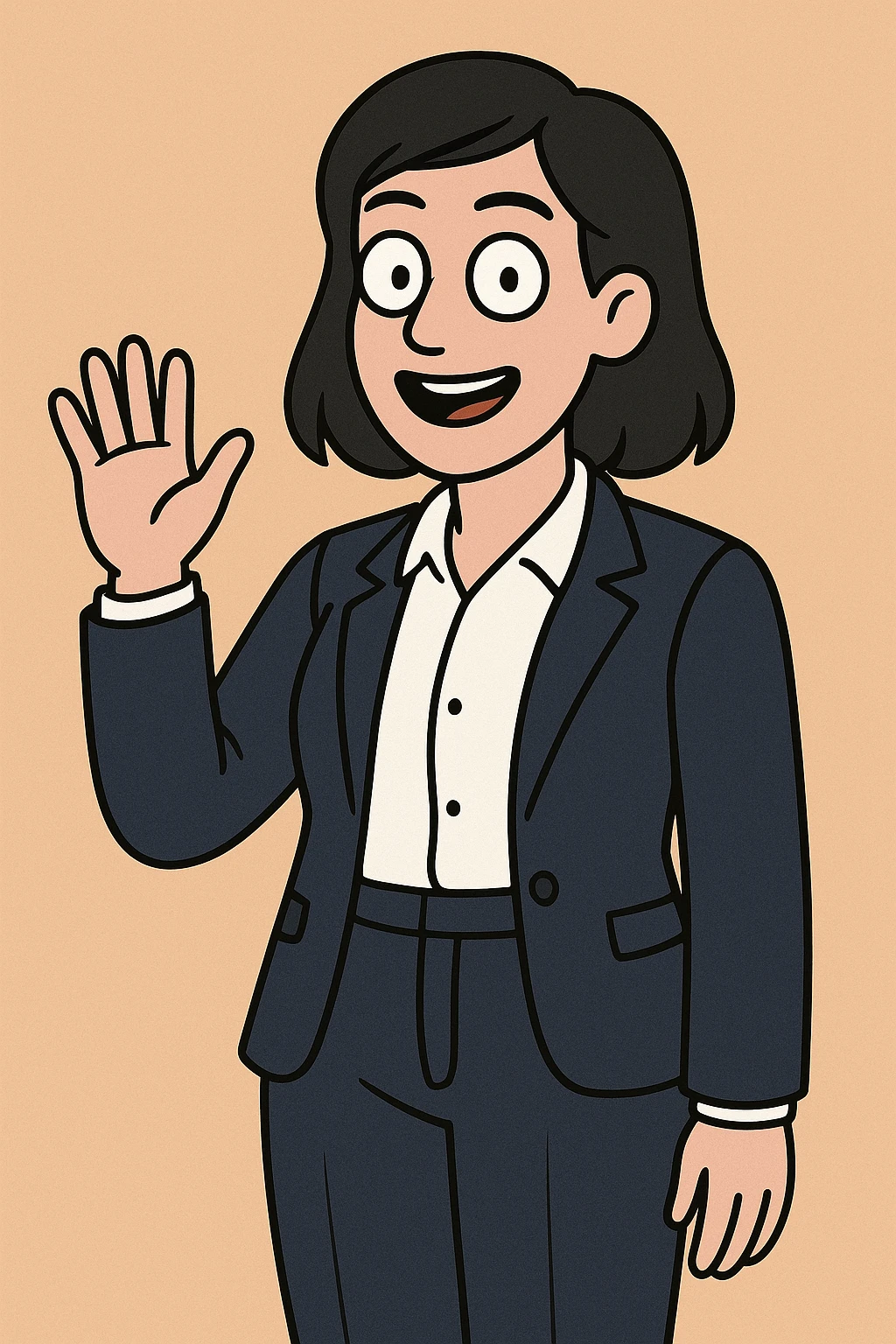 A woman black hair white Villeta Herringbone Shirt Navy Cannes Tailored Fit Jacket jackets Navy Rosalind High Waist Trouser a hand say hello emoji