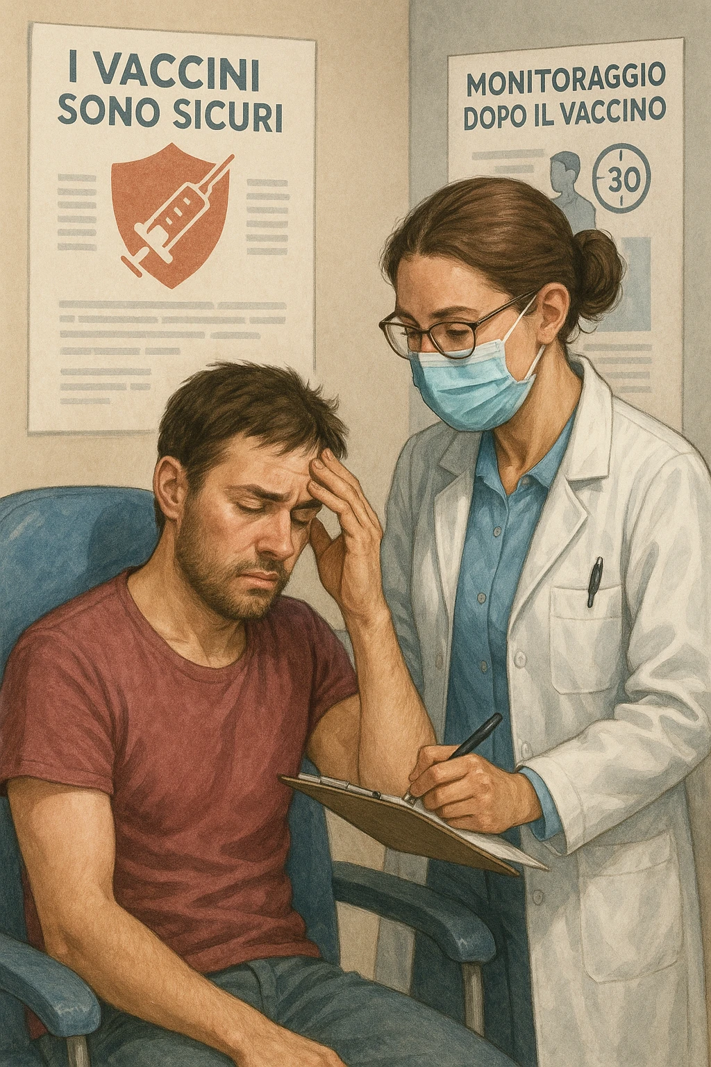 Vertical, educational medical illustration: a healthcare professional observes a patient who appears unwell after receiving a vaccine. The patient sits in a clinic chair, showing mild symptoms such as fatigue or headache, while the professional takes notes and offers reassurance. The background includes educational posters about vaccine safety and monitoring. realistica in italiano emoji