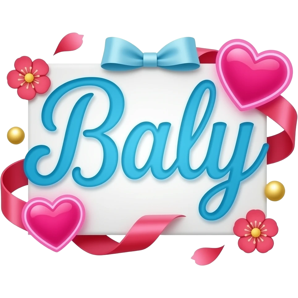 A sleek, sky blue text 'Baly' decorative symbols of flowers, adorned with satin ribbons and glowing neon-pink hearts. Surrounded by floating red blossom petals and golden bokeh. Vibrant, modern, and feminine with a cinematic glow emoji