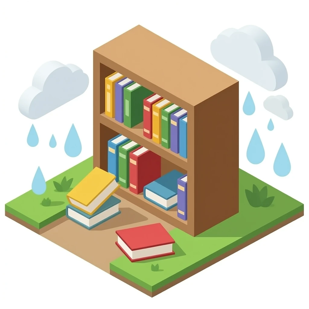 small cube library shelf isometric view with some books tilted out and falling out, one book on the ground emoji