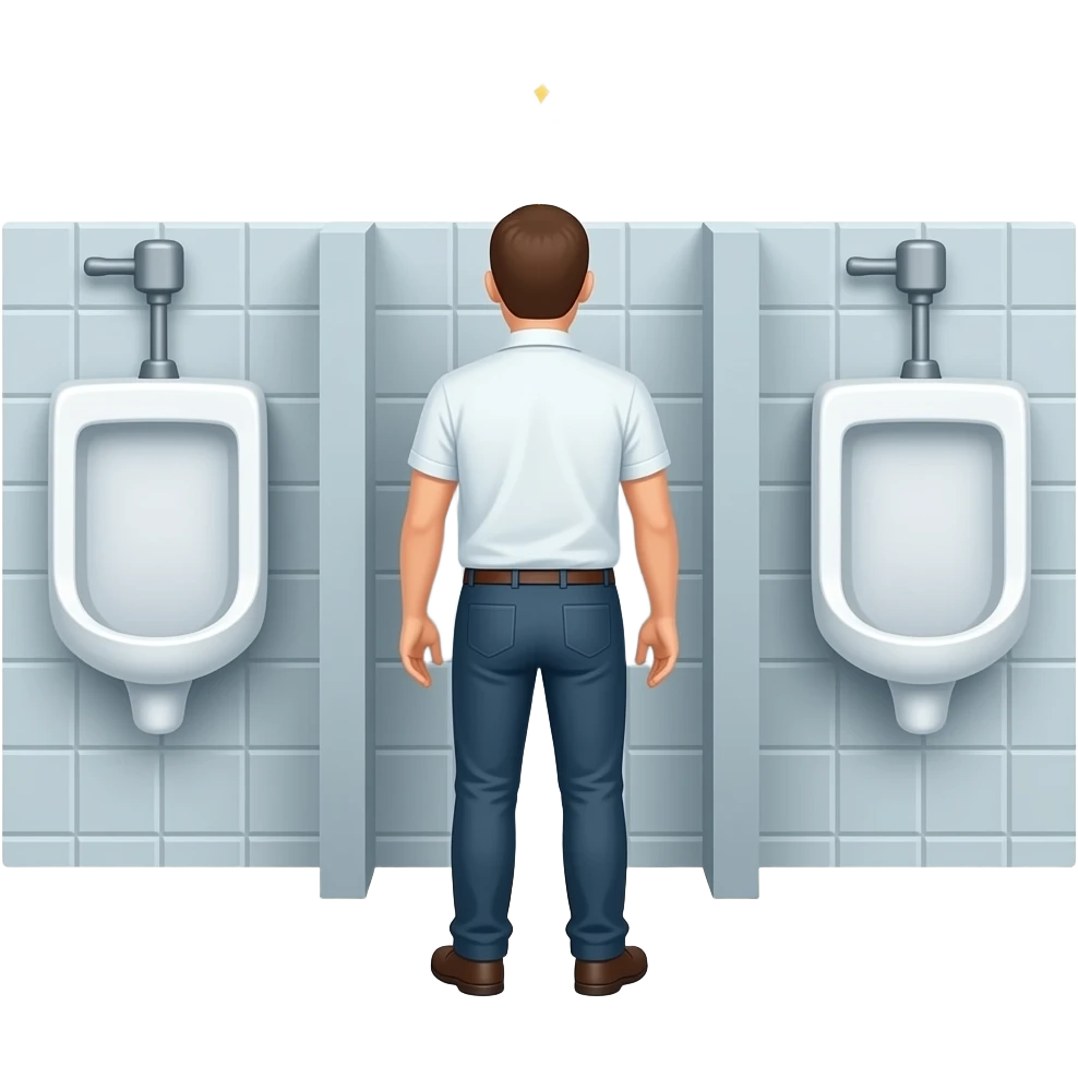 Erstelle ein Bild von einem öffentlichen WC, ein Mann von hinten steht vor einem urinal und oben vorn aus seiner Hose kommt ein gelber dünner Wasserstrahl der in das urinal trifft emoji
