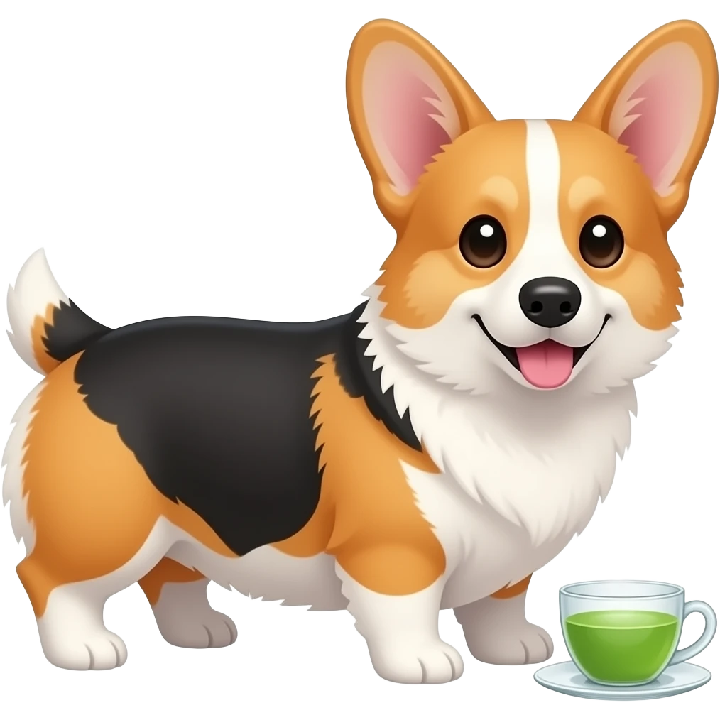 tricolor corgi with green tea emoji