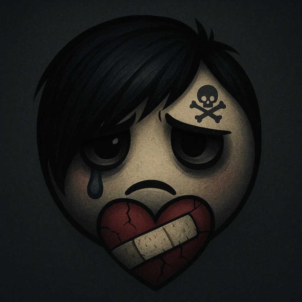 emo emoji, bandaged heart, dark colors, subtle skull or cross motif, emotional expression emoji