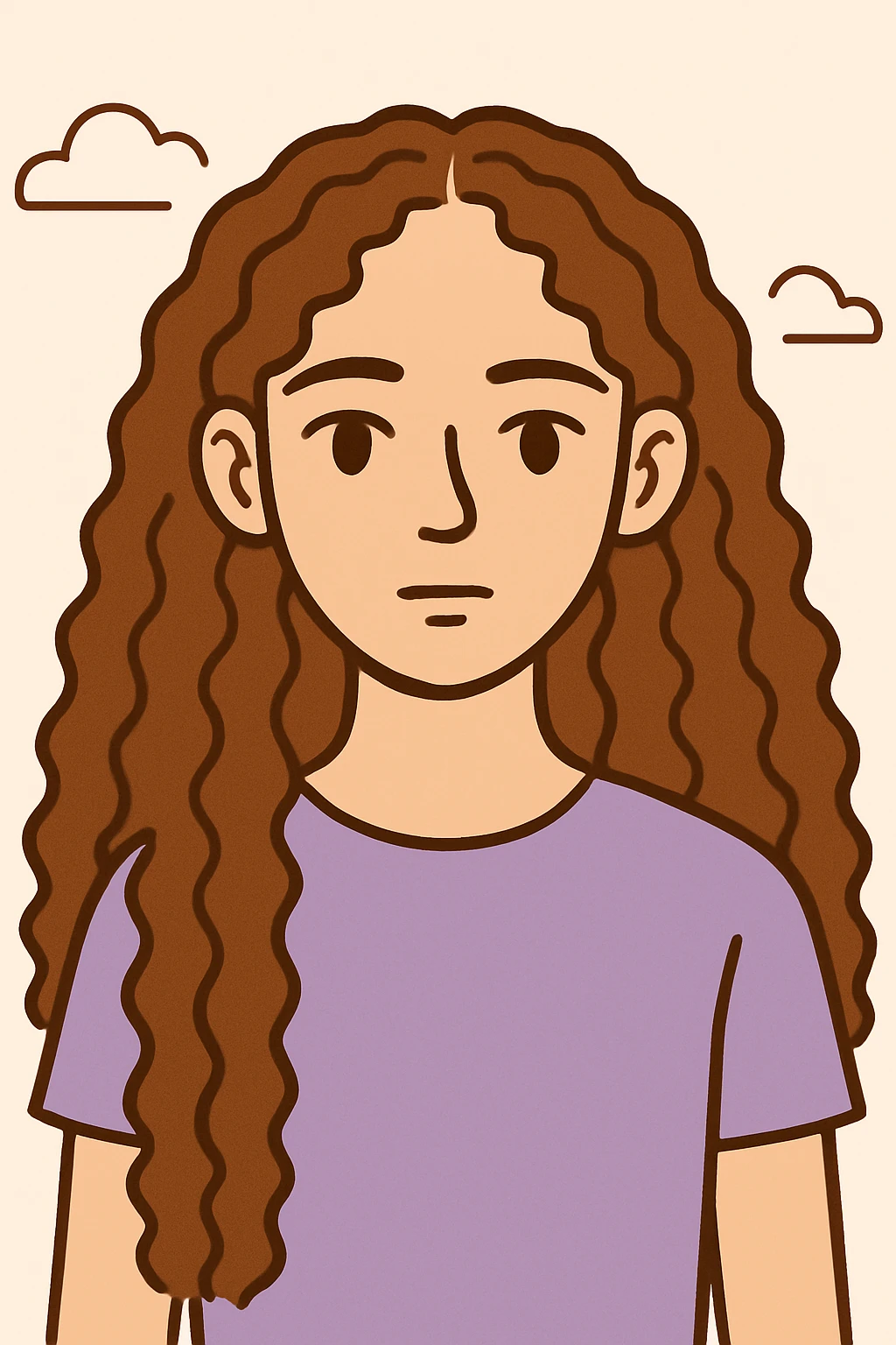 Make the hair much longer, with 3b-3c brown hazelnut curls, keeping the same style and expression, upper body, plain background, in a style consistent with the original images. emoji