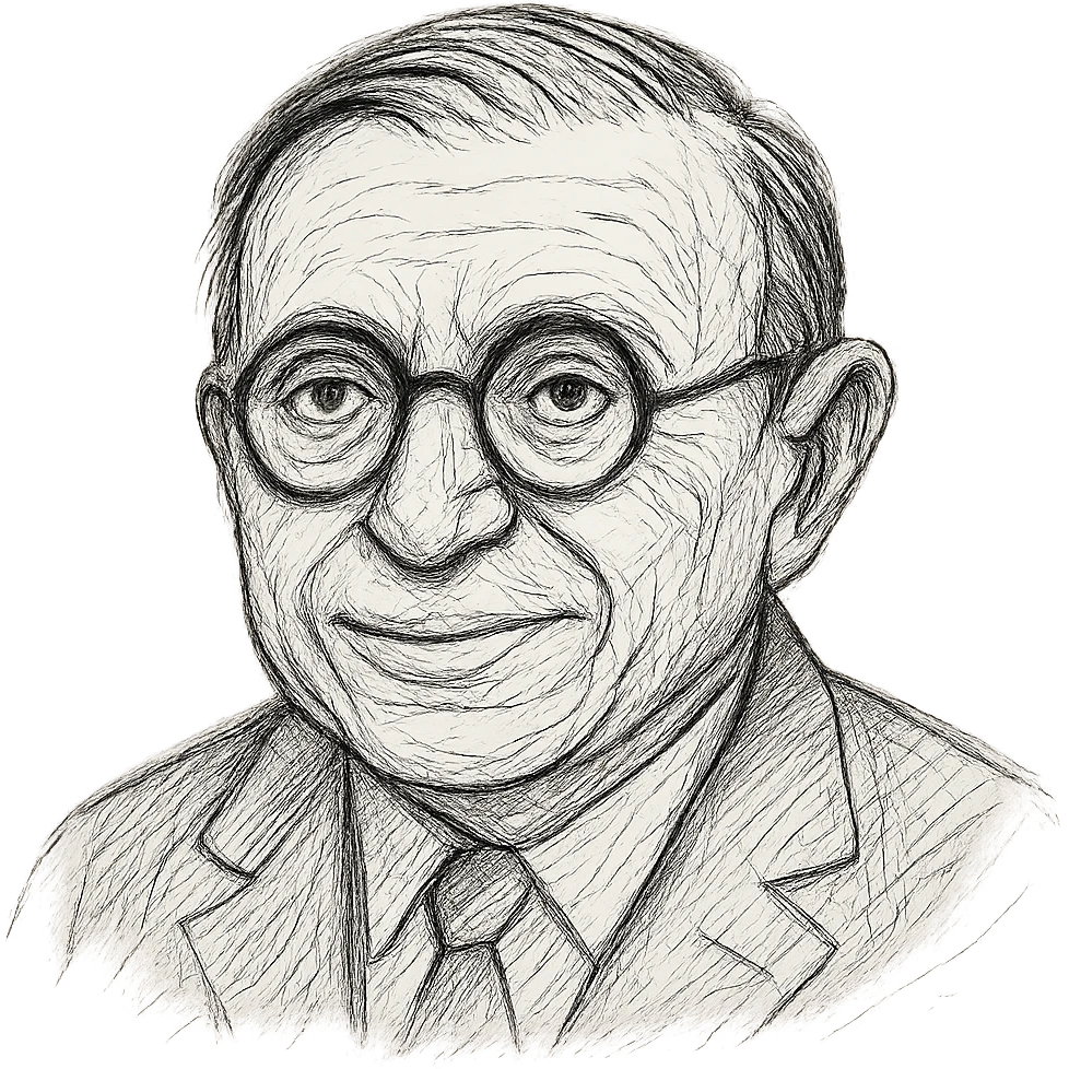 Enhance the Jean-Paul Sartre black outline icon with much more detailed, rich hand-drawn linework to resemble a true drawing rather than a simple icon. Show a neutral smile and keep the round glasses. Use a transparent background. emoji