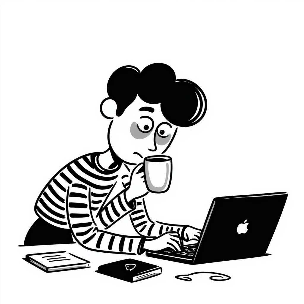 tired programmer with dark circles under his eyes drinking coffee, hand-drawn doodle style emoji
