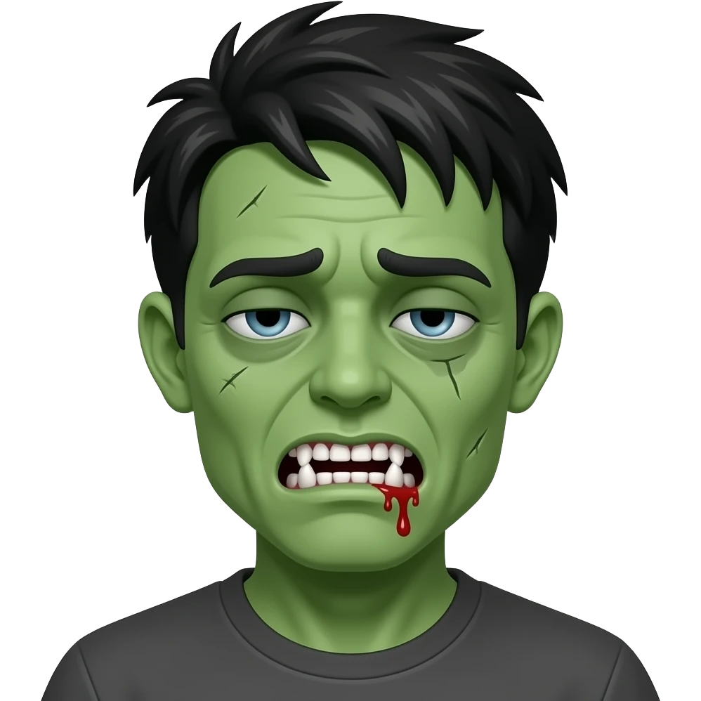 Zombie green skin dead, Black Hair, white teeth with blood leaking out, minor scar under eye, drowsy eyes, emoji