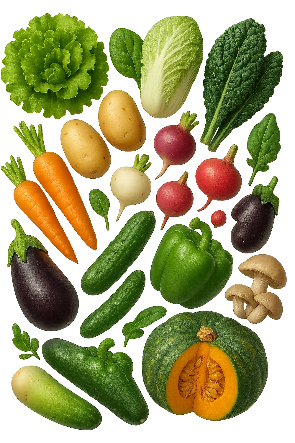 emoji stile iphone 3d di Lattuga, spinaci, cavolo cinese, cavolo nero
Patate, carote, rape, ravanelli
Melanzane, cetrioli, peperoni verdi
Funghi ostrica
Zucca kabocha
 che fluttuano in aria, iperealistico 4k emoji