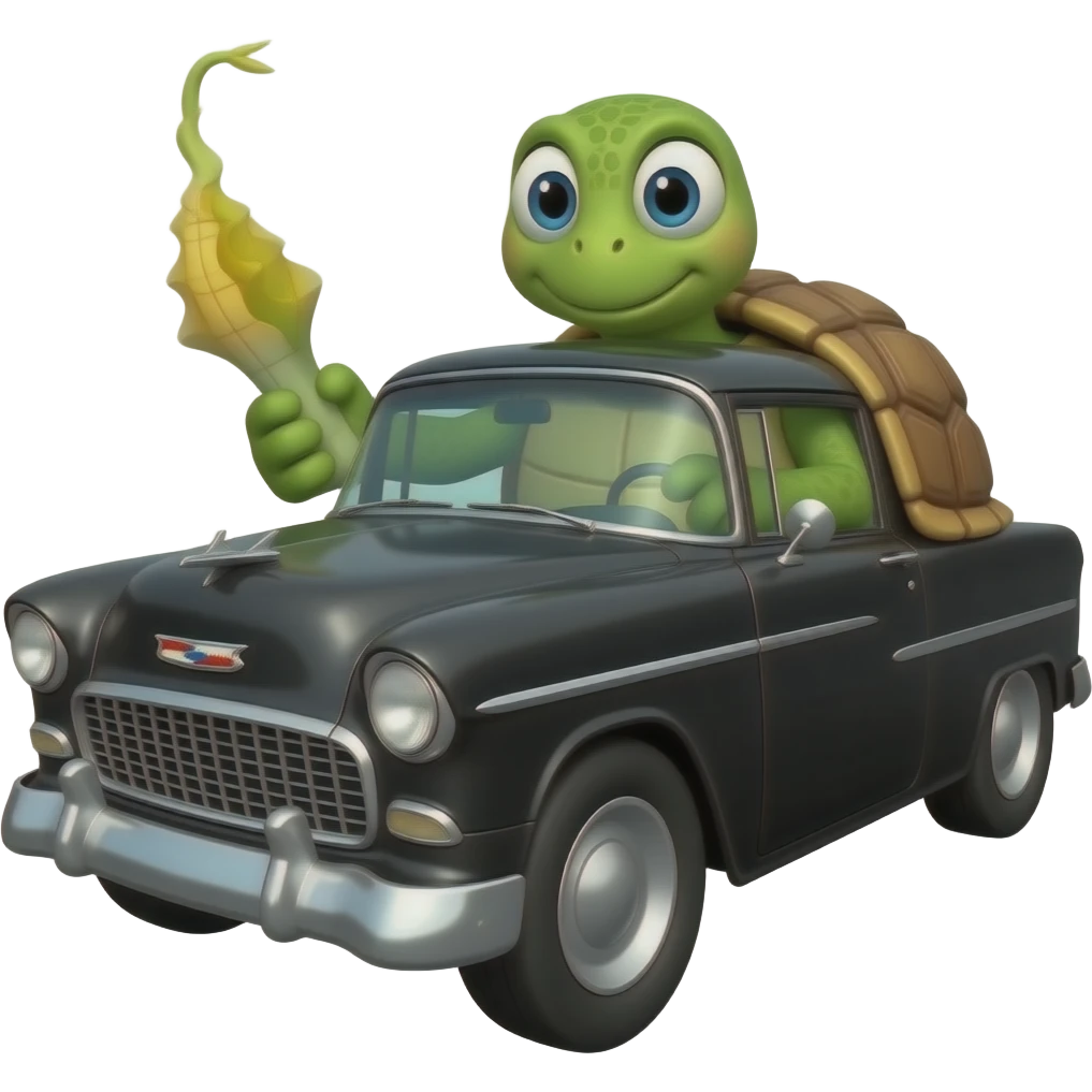 turtle driving black 1955 chevy 3/4 view emoji